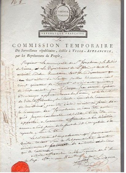 null révolution et empire. 30 lettres ou pièces, dont 2 imprimés (qqs vignettes).{CR}Lettre...