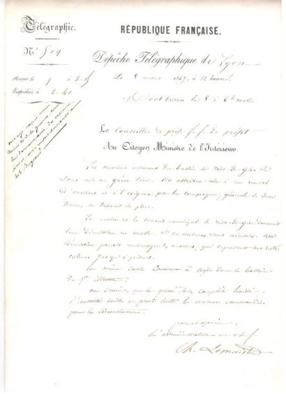 null Révolution de 1848. Ensemble de 13 dépêches télégraphiques, 1848-1849; 13 pages...