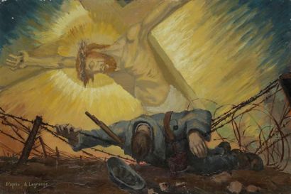 A. LAGRANGE, d'après 
 «Poilu mort veillé par le Christ en croix.»
Huile sur toile...