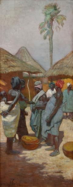 Joseph de La NEZIERE (1873-1944) Femme dans un village africain Huile sur toile....