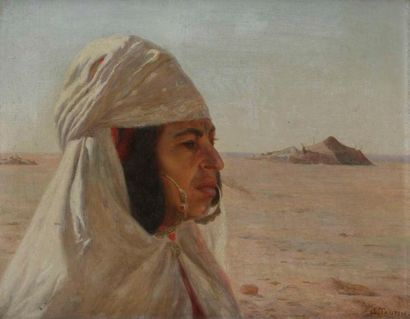 Jules-Charles TAUPIN (1863-1932) Profil d'algérienne dans un paysage Huile sur toile....