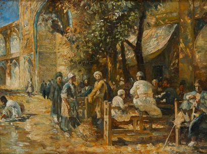 Ecole française fin XIXe siècle Algérie, un jour de fête, terrasse de café à Boo...