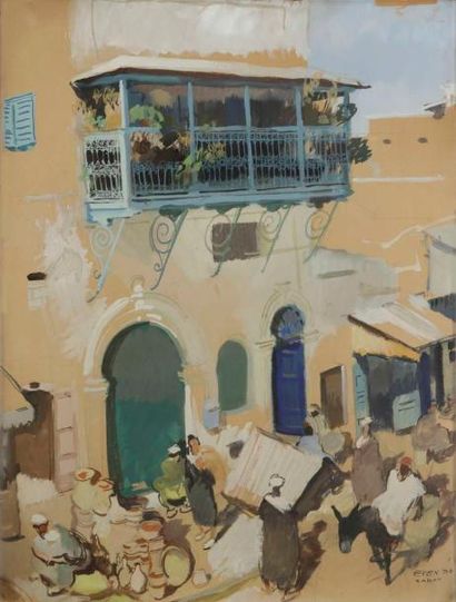 Jean EVEN (1910-1986) Scène de marché à Rabat, 1938 Gouache. Signée, datée et située...