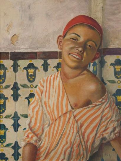 F. FEUILLOY (XXe siècle) Jeune tunisien Huile sur toile. Signée en bas à droite....