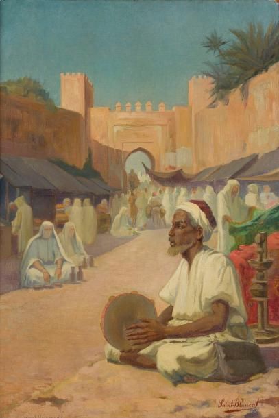 SAINT-BLANCAT (XIXe-XXe siècle) Maroc, Joueur de tambourin dans une rue Huile sur...