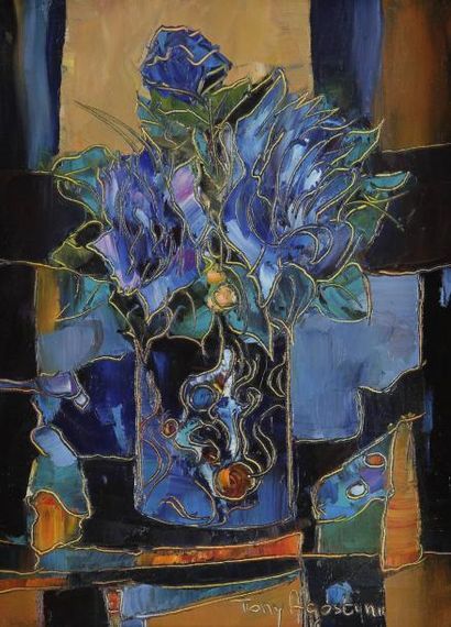TONY AGOSTINI (1916-1990) Harmonie des bleus Huile sur toile. Signée en bas à droite....