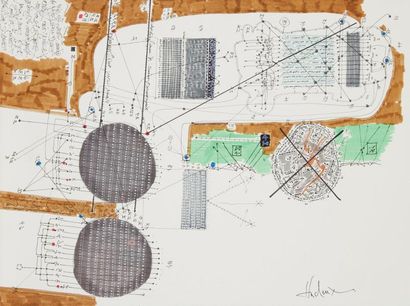 JEAN-OLIVIER HUCLEUX (1923-2012) Composition Dessin double face à l'encre et rehauts...