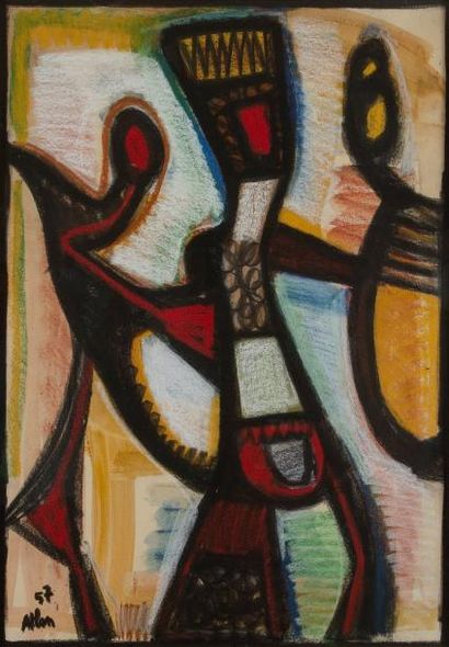 Jean-Michel Atlan (1913-1960) Composition au serpent Baga, 1957 Pastel gras sur fond...