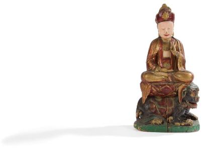 VIETNAM - XIXe siècle Statuette de Guanyin en bois laqué polychrome, assise en padmasana...