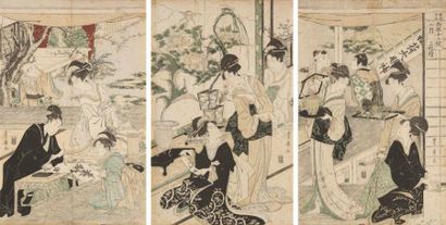 JAPON - XIXe siècle Toyohiro (1773 - 1828) Triptyque oban tate-e de la série «Toyokuni...