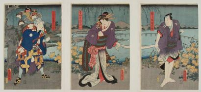 JAPON - XIXe siècle Utagawa Toyokuni III (1786 - 1865) Triptyque oban tate-e représentant...