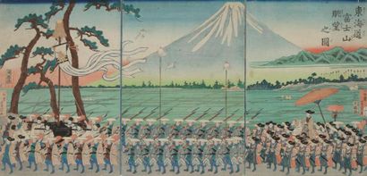 JAPON - XIXe siècle Yoshimune (1817 - 1880) Triptyque oban tate-e, «Tôkaidô Fujisan...