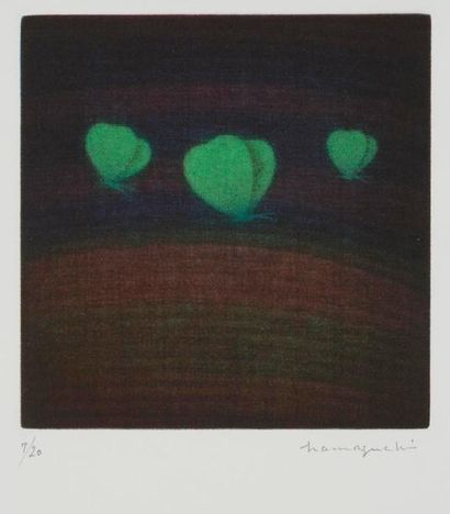 JAPON - XXe siècle Yozo Hamaguchi (1909 - 2000) Trois papillons (vert), 1985-91 Mezzontinte...