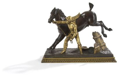 Jean-François Théodore GECHTER 
Jockey et son cheval.
Bronze à double patine.
Signé...