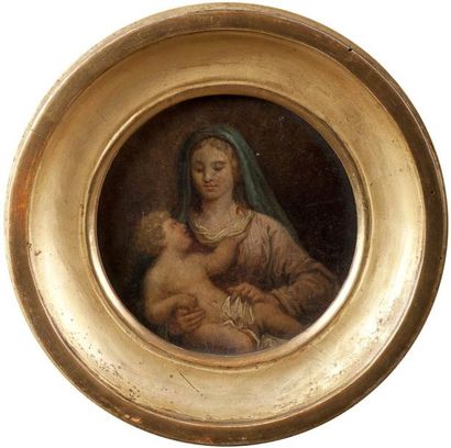 Ecole Italienne du XVIIIe siècle 
La Vierge à l'Enfant
Panneau rond.
Diamètre: 16,5...