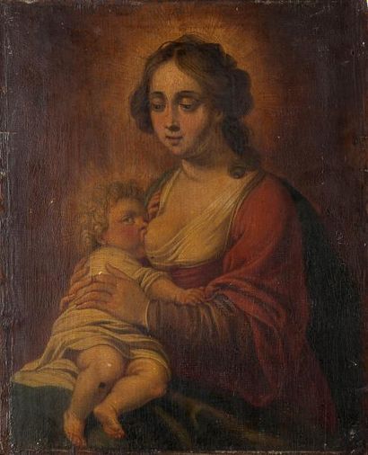 Attribué à Simon de VOS (1603 - 1676) 
Vierge à l'Enfant
Panneau de chêne, une planche,...