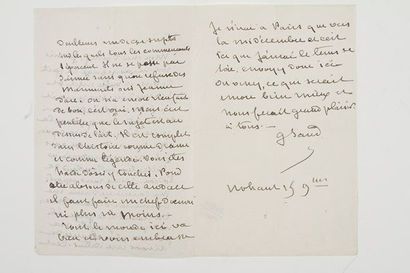 George SAND (1804-1876) Lettre autographe signée «G. Sand», Nohant 15 novembre [1867],...