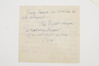 null Ella Kagan, dite Elsa TRIOLET (1896-1970) romancière, épouse d'Aragon.Lettre...