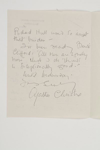 Agatha CHRISTIE (1890-1976) romancière anglaise Lettre autographe signée «Agatha...
