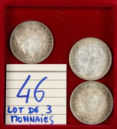 null TROISIEME REPUBLIQUE (1871-1940). LOT de 3 pièces de 1 franc type Cérès en argent:...