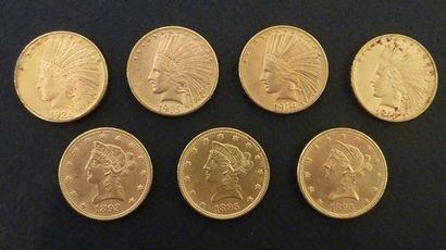 null 6 Pièces de 10 US $ en or: 4 type tête d'Indien et 3 type Liberty 1893, 1895...