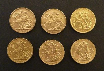 null 6 Pièces de Souverain en or: 4 type Jubilee Coinage 1887; 1888; 1889; 1889-M...