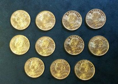 null 11 Pièces de 20 Francs Suisse en or 1935 (9) et 1925 (2)