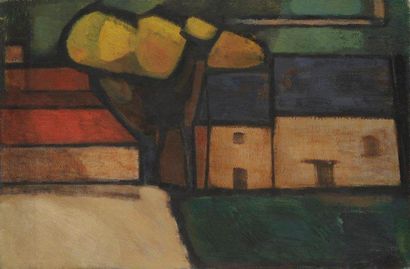Louis SON (1921-1996) Le Village Huile sur toile. Non signée. (Petits manques sur...