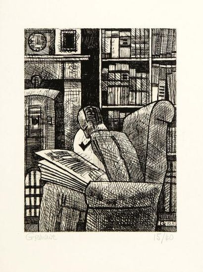 Marcel GROMAIRE (1892-1971) L'Amateur de livres. 1932. Eau-forte. 176 x 235. Gromaire...