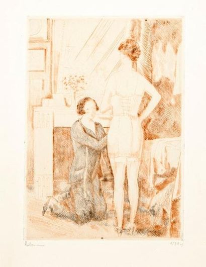 Jean-Emile LABOUREUR (1877-1943) Chez la corsetière. 1934. Pointe sèche et roulette....