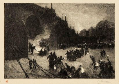 AUGUSTE LEPERE (1849-1918) Le Réveillon sur la glace au Pont-Neuf. 1880. Gravure...