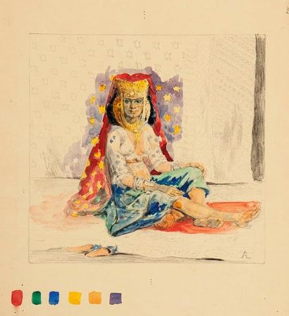 Alexandre LUNOIS (1863-1916) Femme orientale assise, en costume d'apparat. Aquarelle...
