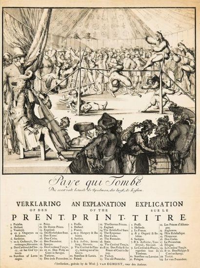 Romeyn de Hooghe (1645-1708) Paye qui Tombe. Placard avec texte typographié, illustré...