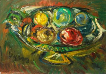 Sylvain VIGNY (1902-1976) . Coupe de fruits. Huile sur carton. Signée en bas à gauche....