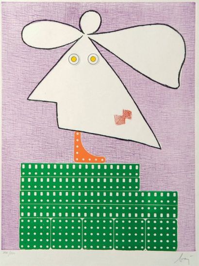 Enrico BAJ (1924-2003) Jeune fille en mauve. 1969. Sérigraphie, gravure et collage....