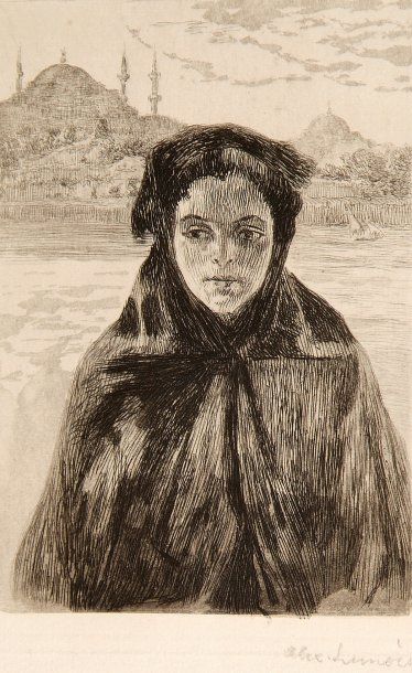 Alexandre LUNOIS (1863-1916). Dame turque devant Sainte-Sophie. . Vers 1912. Eau-forte....