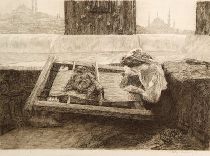 Alexandre LUNOIS (1863-1916). [Tisseuse de tapis, Constantinople en arrière- plan]....