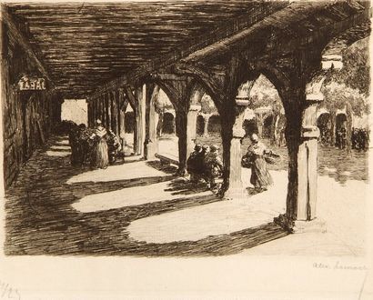 Alexandre LUNOIS (1863-1916). Les Arcades ou « couverts » de Mirepoix. 1913. Cuivre...