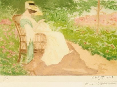 Louis . ABEL-TRUCHET (1857 - 1918). [Femme au jardin]. Vers 1900. Eau-forte, roulette...