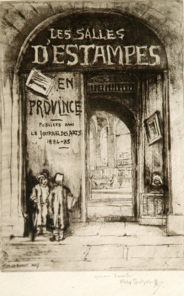 Félix BUHOT (1847 - 1898). Frontispice pour « Les Salles d'estampes ». 1887. Eau-forte,...