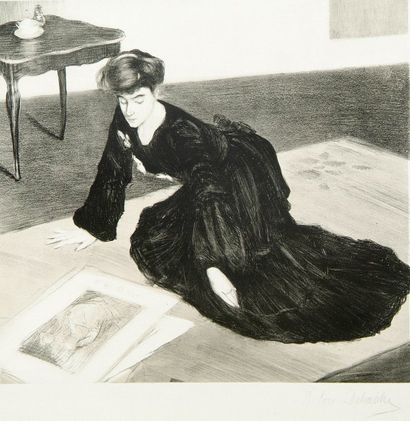 Henry . CARO-DELVAILLE (1876 - 1928). [Femme penchée sur des estampes]. Vers 1900....