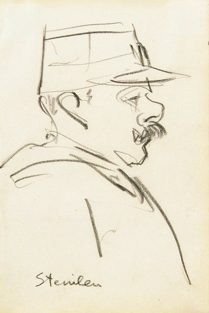 Théophile STEINLEN (1859-1923). Tête de gendarme. Fusain signé en bas à gauche. 16...