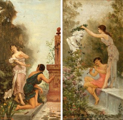 Paul . BAUDRY (1828-1886). Scènes pastorales. Deux huiles sur toile marouflées sur...