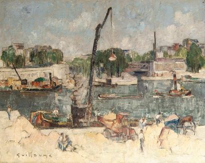 Victor GUILLAUmE (1880-1942) Déchargement à quai. Huile sur toile, signée en bas...