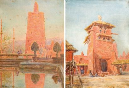 Evan De LAPEYRIERE (1907-1994) Paysages animés orientalistes. Deux aquarelles, dont...