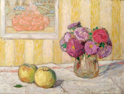 null Ernest VENTRILLON (1884-1953). Nature morte au vase de fleurs et aux pommes....