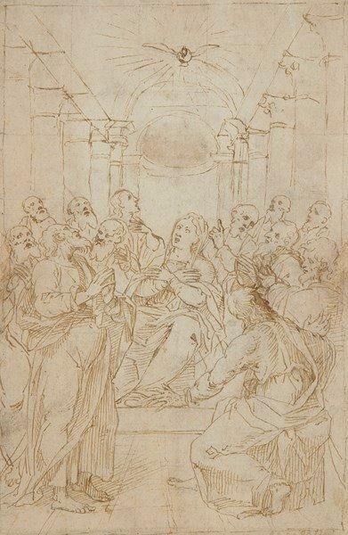 Simone PETERZANO (Bergame 1540 - Milan 1596) 
La Pentecôte
Plume et encre brune.
Porte...