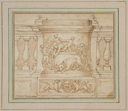 Ecole italienne du XVIIe siècle 
Scène de sacrifice, élément décoratif dans une balustrade
Plume...