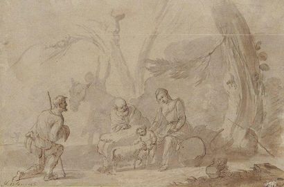 École HOLLANDAISE du XVIIe siècle 
Le Repos de la Sainte Famille
Plume et encre noire,...