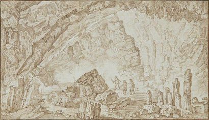 École HOLLANDAISE du XVIIe siècle 
Visiteurs dans une grotte
Plume et encre brune.
9.1...